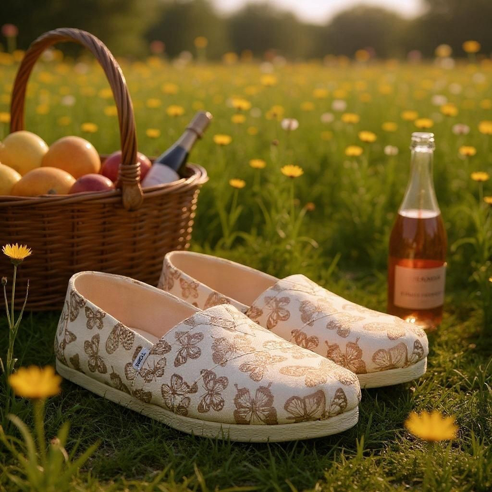 Toms Women Alpargata Shoes Dusty Peach Rose Pink Gold Butterflies SZ 9.5 M